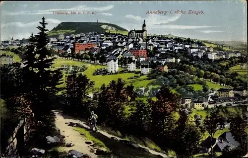 Ak Annaberg Buchholz Erzgebirge, Panorama, Kirche, Pöhlberg, Wanderer