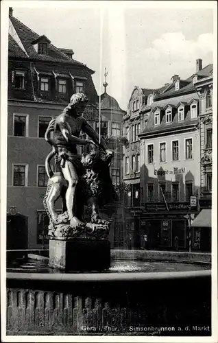 Ak Gera in Thüringen, Simsonbrunnen auf dem Markt