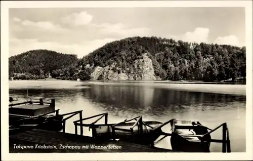 Ak Kriebstein Mittelsachsen, Zschopau Talsperre, Wappenfelsen, Bootsstation