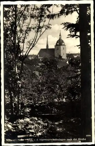 Ak Mittweida in Sachsen, Durchblick von den Ingenieurschulanlagen nach der Kirche