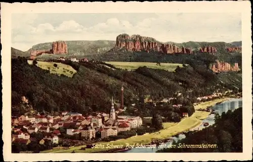 Ak Bad Schandau an der Elbe, Ortsansicht mit den Schrammsteinen