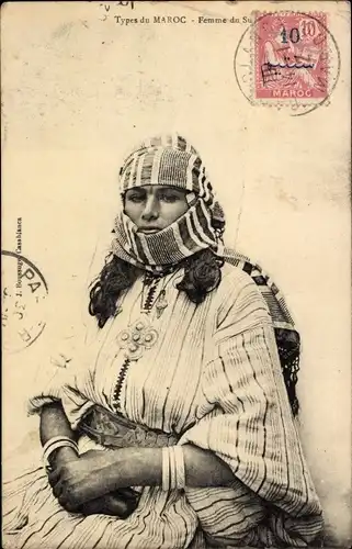 Ak Marokko, Femme du Sud, Portrait einer Frau, Maghreb, Schal, Schmuck