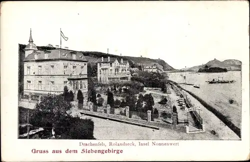 Ak Rolandseck Remagen am Rhein, Hotel Bellevue, Drachenfels, Insel Nonnenwerth