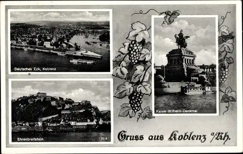 Ak Ehrenbreitstein Koblenz am Rhein, Deutsches Eck, Kaiser-Wilhelm-Denkmal