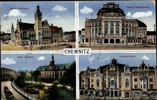 Ak Chemnitz in Sachsen, Neues Rathaus, Neues Stadttheater, Altes Rathaus, Centraltheater