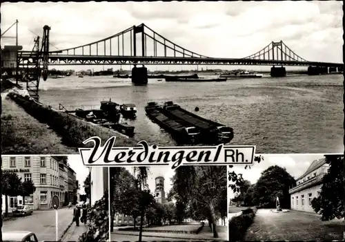 Ak Uerdingen Krefeld am Niederrhein, Brücke, Schiffe, Straßenpartie, Teilansichten