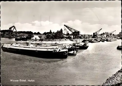 Ak Wanne Eickel Herne im Ruhrgebiet, Hafen, Schiffe, Kräne