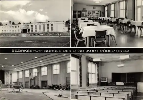 Ak Greiz im Vogtland, Bezirkssportschule des DTSB Kurt Rödel, Turnhalle, Speisesaal