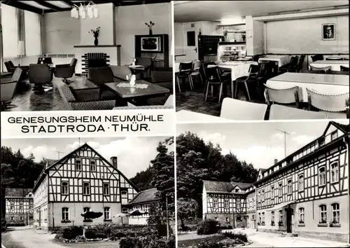 Ak Stadtroda in Thüringen, Genesungsheim Neumühle, Fachwerkhaus, Speisesaal, Clubraum