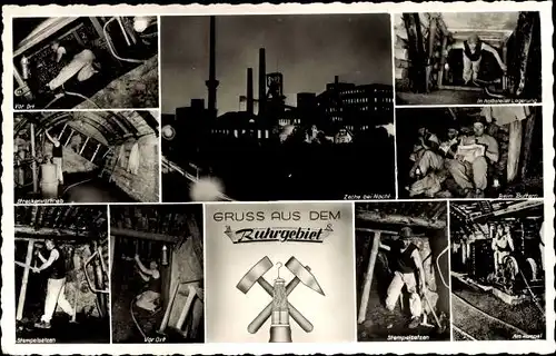 Ak Ruhrgebiet, Zeche bei Nacht, Bergleute unter Tage
