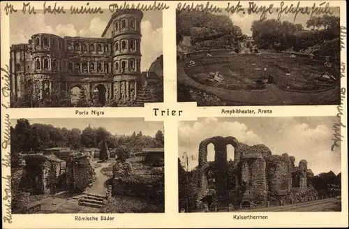 Ak Trier an der Mosel, Porta Nigra, Römische Bäder, Kaiserthermen, Amphitheater