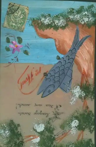Zelluloid Ak Glückwunsch 1. April, Fisch, Felsen, Seeufer