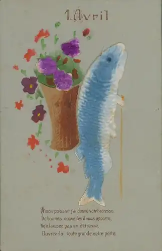 Präge Stoff Ak Glückwunsch 1. April, Fisch, Blumenkorb