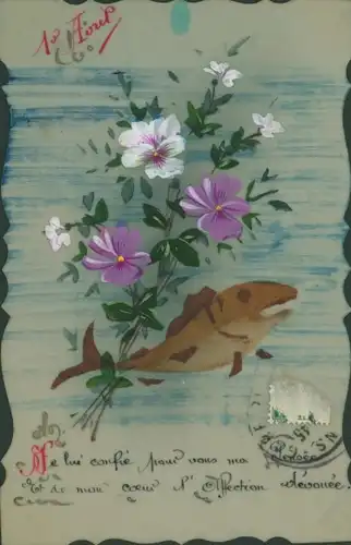 Zelluloid Ak Glückwunsch 1. April, Fisch, Blumenstrauß