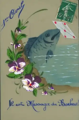 Zelluloid Ak Glückwunsch 1. April, Fisch, Stiefmütterchen