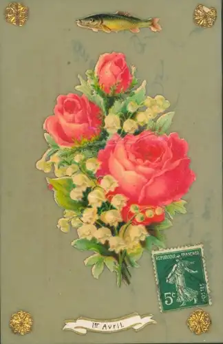 Zelluloid Ak Glückwunsch 1. April, Fisch, Maiglöckchen, Rosen, Blumenstrauß