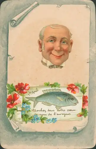Ak Glückwunsch 1. April, Mann-Portrait, Fisch, Vergissmeinnicht, Blumen