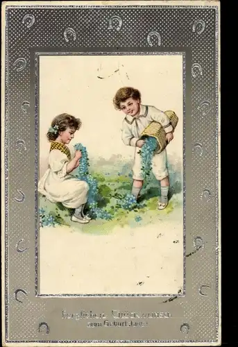 Glitzer Passepartout Ak Glückwunsch Geburtstag, Kinder, Vergissmeinnicht, Hufeisen