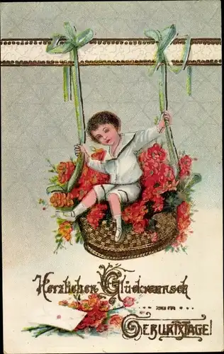 Ak Glückwunsch Geburtstag, Kind beim Schaukeln, Blumen