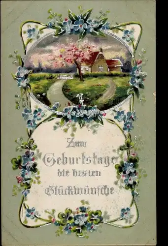 Glitzer Ak Glückwunsch Geburtstag, Dorf, Blumen, Glücksklee