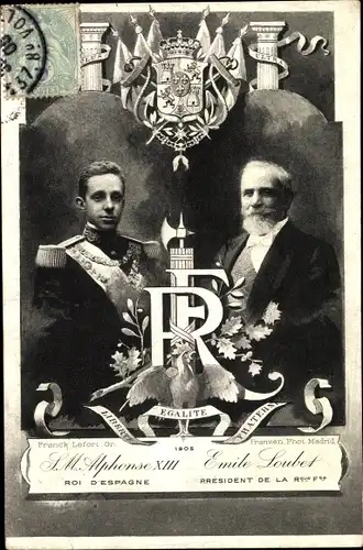 Ak Alfonso XIII, König Alfons XIII. von Spanien, Emile Loubet, Staatstreffen 1905