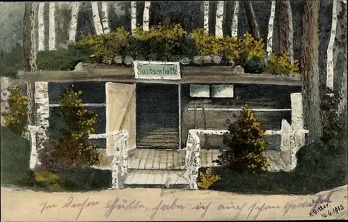 Künstler Ak Bitter, K., Sachsenhütte, deutscher Unterstand im Felde, 1. WK, 1915
