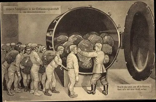 Ak Unsere Feldgrauen in der Entlausungsanstalt, Desinfektionskessel