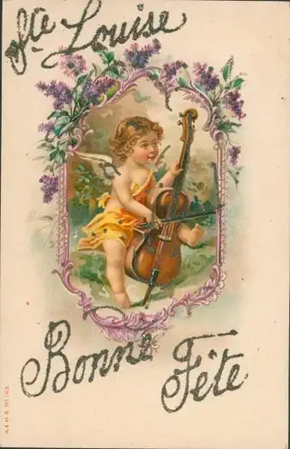 Glitzer Ak Glückwunsch, Bonne Fete, Engel Musikinstrument spielend