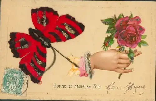 Glitzer Stoff Ak Glückwunsch, Bonne Fete, Frauenhand, Rose, Stoff-Schmetterling
