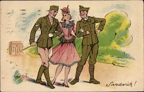 Ak Collection Comique Militaire, Sandwich, Frau zwischen zwei Soldaten
