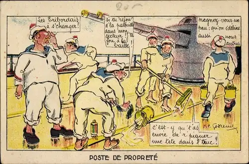 Künstler Ak Poste de Proprete, französische Seeleute schrubben das Deck
