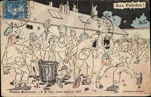 Ak Scenes Militaires, Aux Patates, französische Soldaten werfen Kartoffeln