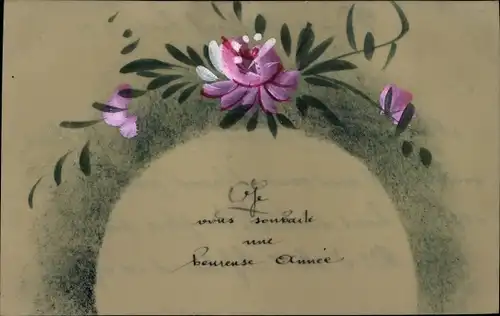 Zelluloid Ak Glückwunsch Neujahr, Rosa Blüten