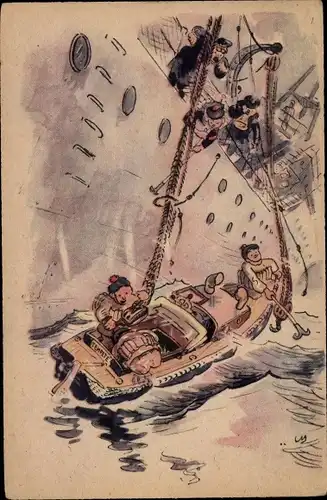 Künstler Ak Les Manoeuvriers sont les descendants des gabiers de la Marine a voile, frz. Seeleute