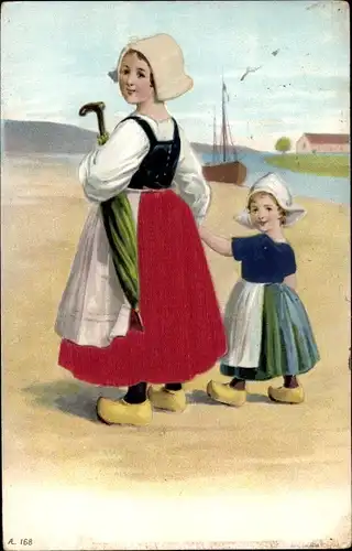 Präge Stoff Ak Frau und Mädchen in Niederländischer Tracht