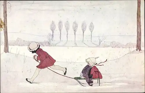 Künstler Ak Cramer, Rie, Lentebloemen, Liesje 'k zal je sleeen gaan, Kinder fahren Schlitten, Winter