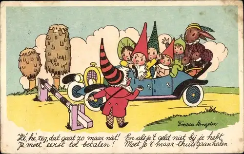 Künstler Ak Langeler, Freddie, Zwerge und Hasen in Automobil, Schranke