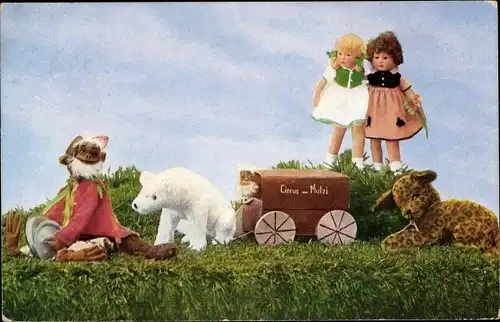 Ak Mutzipuppen und Mutzitiere, Mädchen, Zirkuswagen, Stofftiere