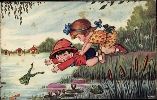 Künstler Ak Boriss, M., Kinder am Ufer, Frösche