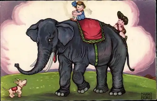 Künstler Ak Boriss, M., Kinder reiten auf einem Elefanten