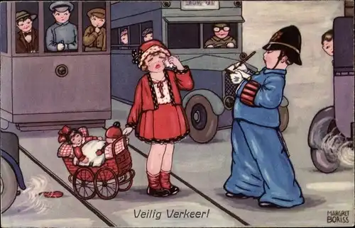 Künstler Ak Boriss, Margret, Verkehrspolizist, Mädchen mit Puppenwagen, Straßenverkehr