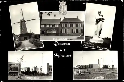 Ak Fijnaart Moerdijk Nordbrabant Niederlande, Gemeindehaus, Windmühle, Denkmal, Schule