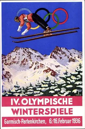 Künstler Ak Garmisch Partenkirchen in Oberbayern, Olympische Winterspiele 1936, Skisprung