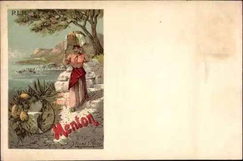 Künstler Ak D'Alesi, Hugo, Menton Alpes Maritimes, Frau mit Wäschekorb, PLM Reklame