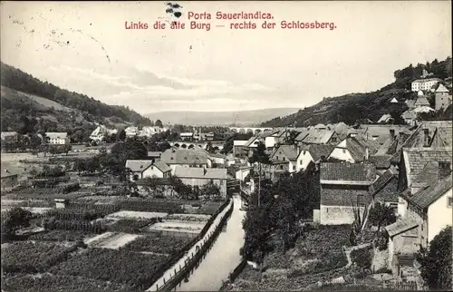 Ak Arnsberg im Sauerland Westfalen, Porta Sauerlandica, Links die alte Burg, Schlossberg