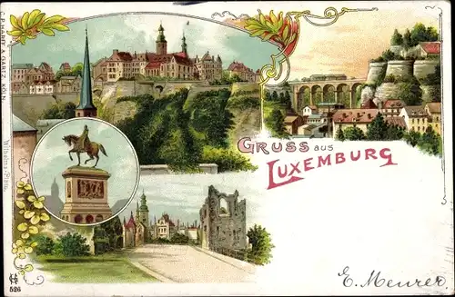 Litho Luxemburg Luxembourg, Stadtansichten, Denkmal, Schloss, Brücke