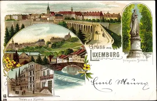 Litho Luxemburg Luxembourg, Prinzessin-Denkmal, Palais und Kammer