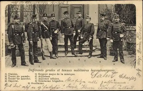Ak Luxemburg, Differents grades et tenues militaire luxemburgeois, Clairon, Adjudant, Gendarme