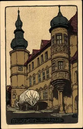 Steindruck Ak Mücheln im Saalekreis, Partie am Rathaus