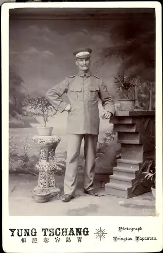 Kabinett Foto Tsingtau Tapautau China, Deutscher Soldat in Uniform, Portrait